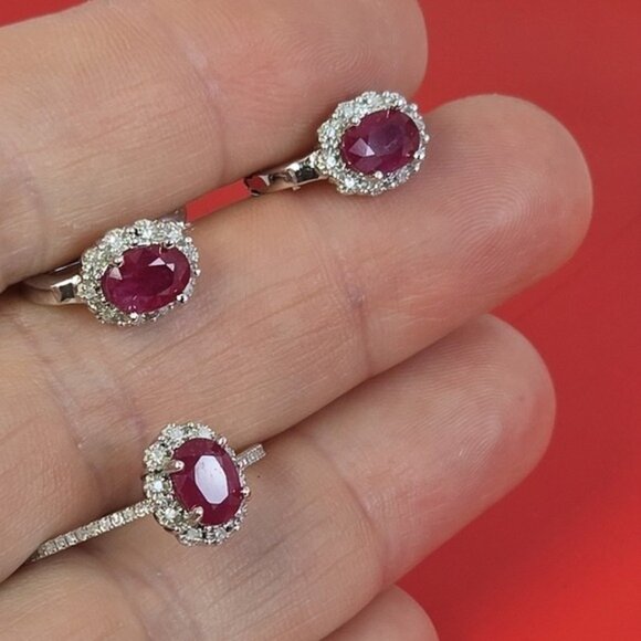 925 Sterling Silver Set, Ring & Earrings with Natural Ruby & NATURAL 52 DIAMONDS - Picture 3 of 14